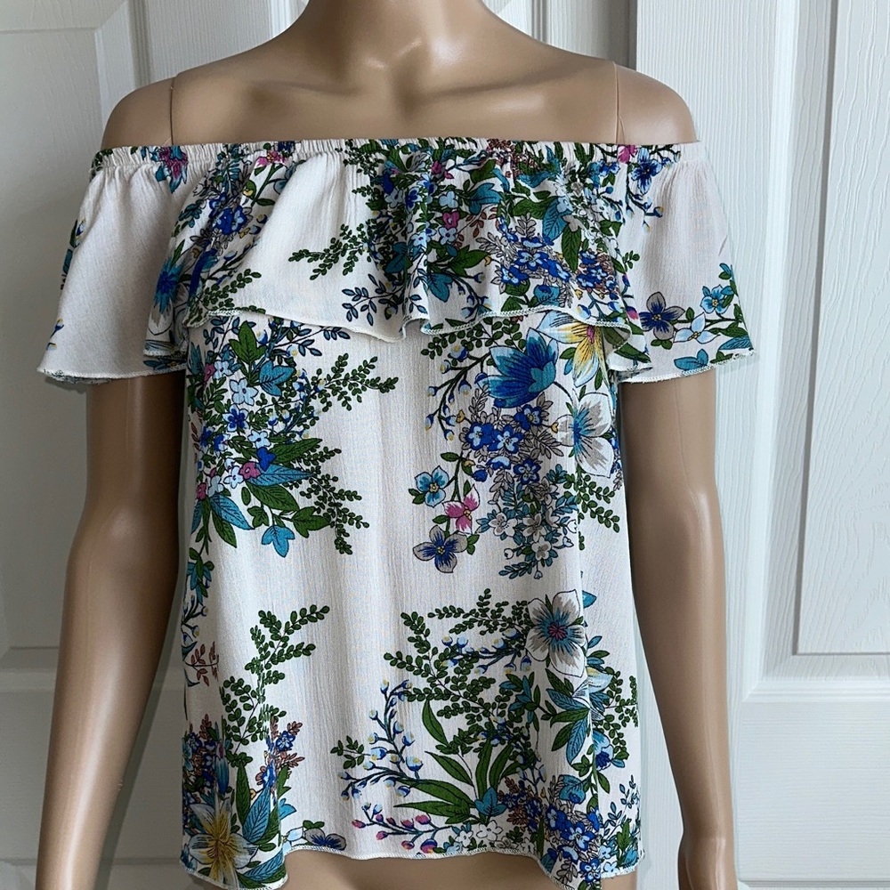C Floral Off-Shoulder Blouse - White and Blue